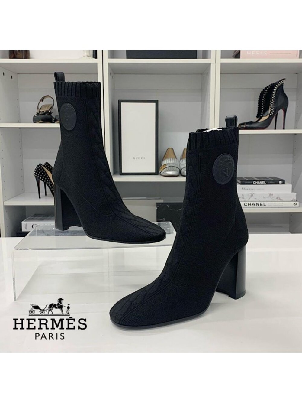 Hermes Jenna Knit Leather Ex-Libris Short Boots Black
